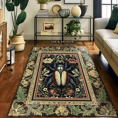 Dark Botanical Woodland Gothic Rug Vintage Aesthetic Victorian Beetle Floral Whimsigoth Decor | Witchy Dark Academia Forestcore Bug Art Rug