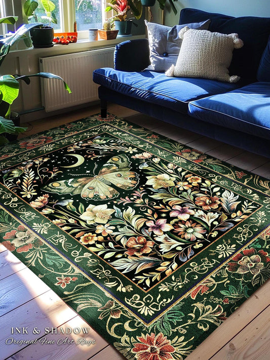 Boho Botanical Moth Rug Floral Grunge Fairycore Room Decor, Woodland Gothic Moon Butterfly Forest Green Forestcore Celestial Cottagecore Rug