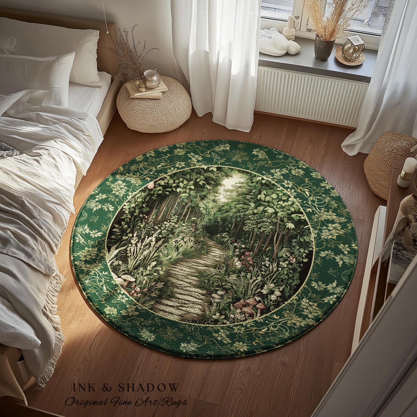 Ethereal Woodland Meadow Round Rug | Dark Academia Folklore Fairy Core Aesthetic Accent Rug Magical Bedroom Emerald Green Decor Botanical |