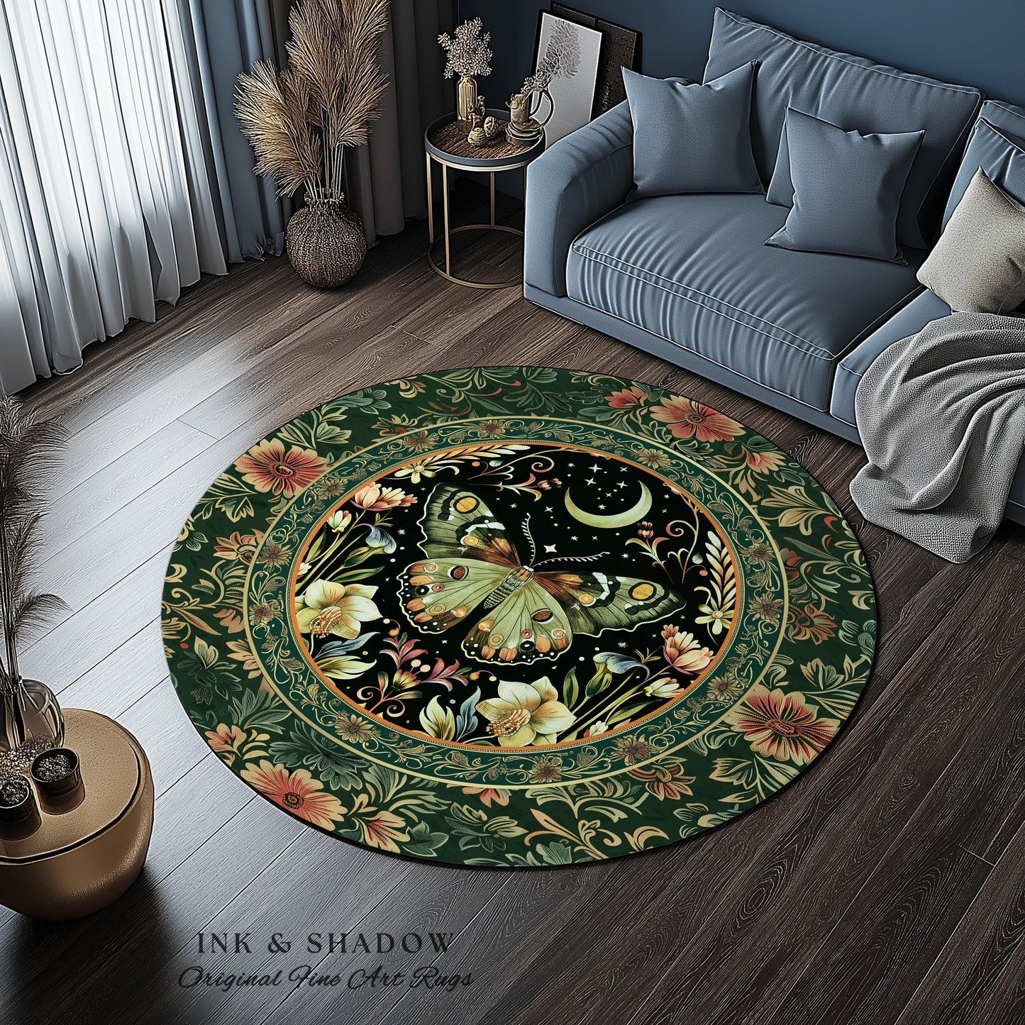 Boho Botanical Moth Rug Floral Grunge Fairycore Room Decor, Woodland Gothic Moon Butterfly Forest Green Forestcore Celestial Cottagecore Rug