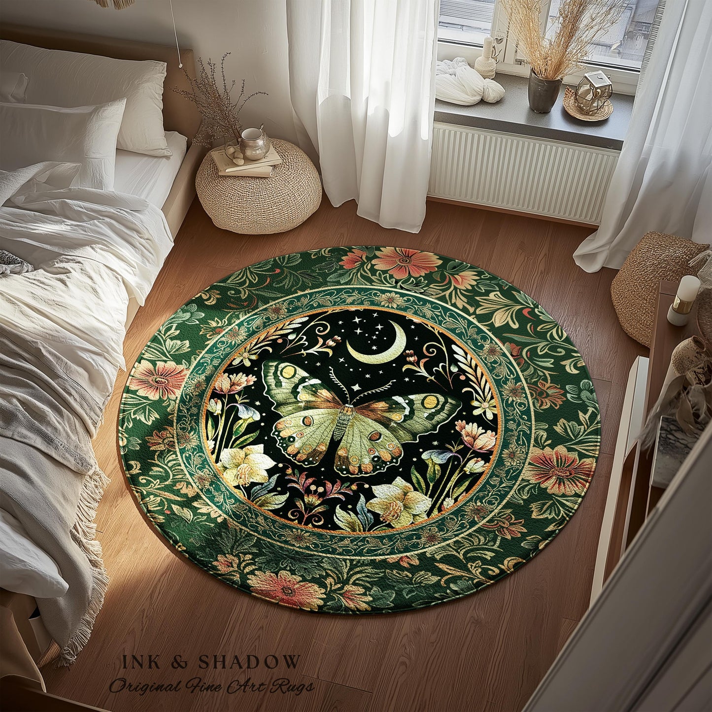 Boho Botanical Moth Rug Floral Grunge Fairycore Room Decor, Woodland Gothic Moon Butterfly Forest Green Forestcore Celestial Cottagecore Rug