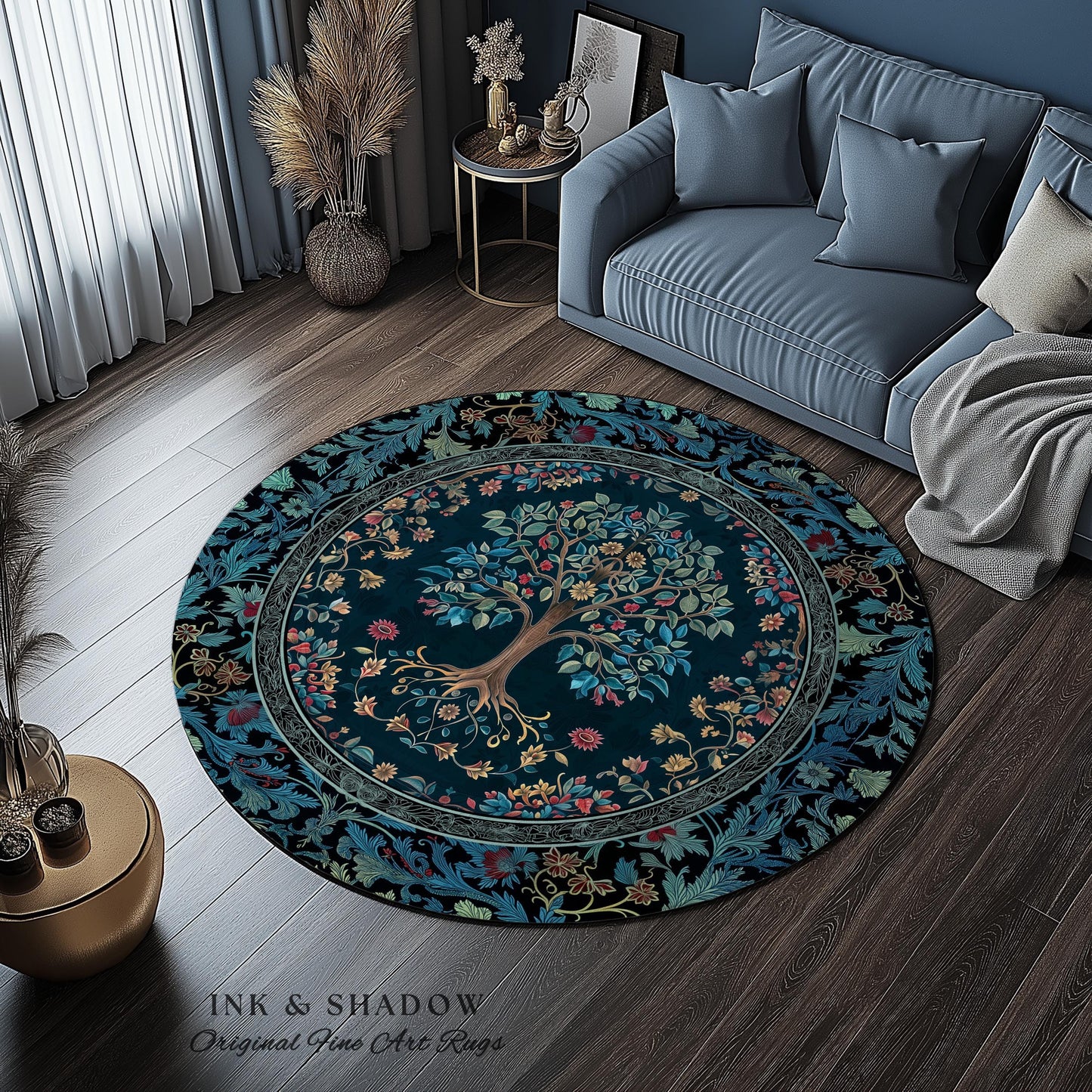 Moody Gothic Blues Tree of Life Rug | Mystical Garden Theme Vintage Floral Decor Romantic Folk Art Forestcore Maximalist Style Bedroom |