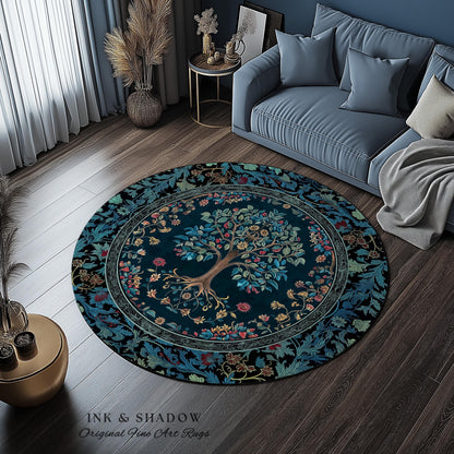 Moody Gothic Blues Tree of Life Rug | Mystical Garden Theme Vintage Floral Decor Romantic Folk Art Forestcore Maximalist Style Bedroom |