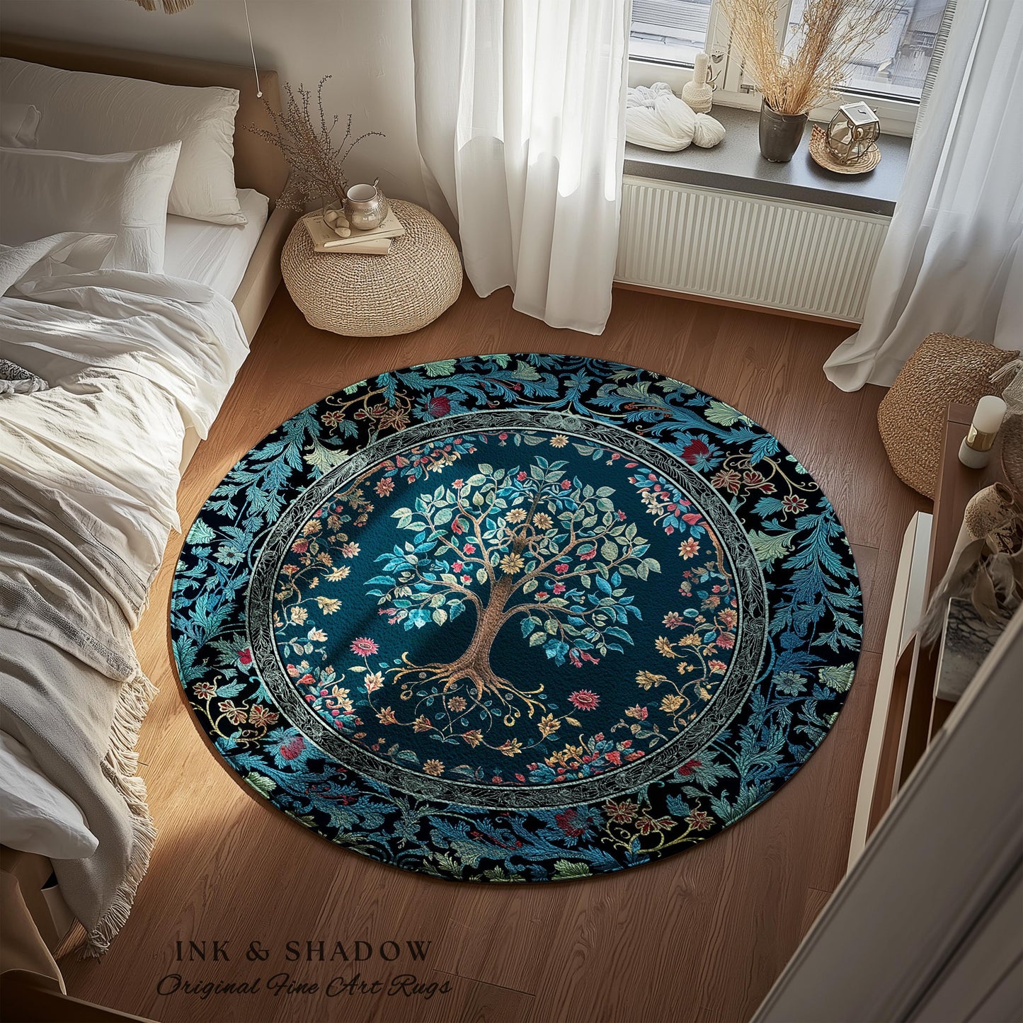 Moody Gothic Blues Tree of Life Rug | Mystical Garden Theme Vintage Floral Decor Romantic Folk Art Forestcore Maximalist Style Bedroom |