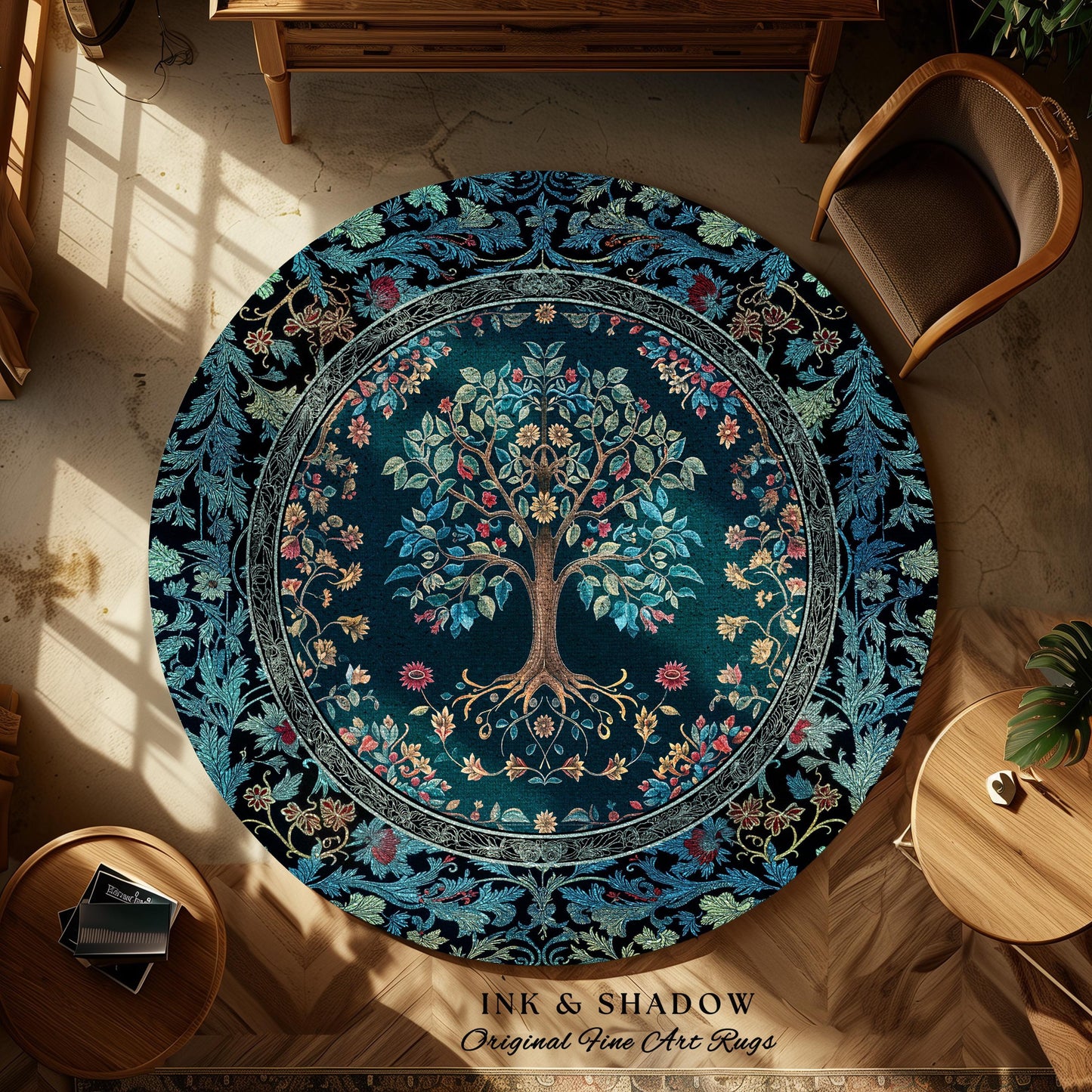 Moody Gothic Blues Tree of Life Rug | Mystical Garden Theme Vintage Floral Decor Romantic Folk Art Forestcore Maximalist Style Bedroom |