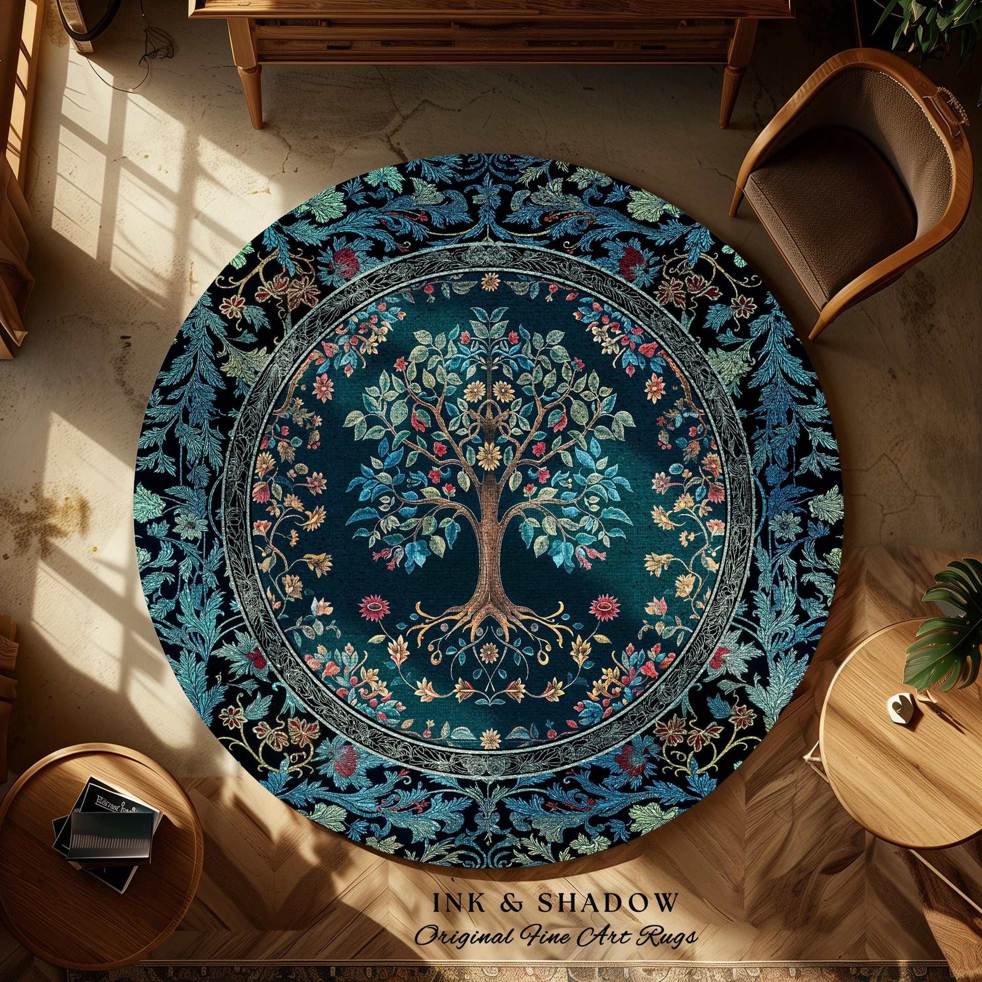 Moody Gothic Blues Tree of Life Rug | Mystical Garden Theme Vintage Floral Decor Romantic Folk Art Forestcore Maximalist Style Bedroom |
