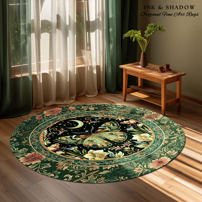 Boho Botanical Moth Rug Floral Grunge Fairycore Room Decor, Woodland Gothic Moon Butterfly Forest Green Forestcore Celestial Cottagecore Rug