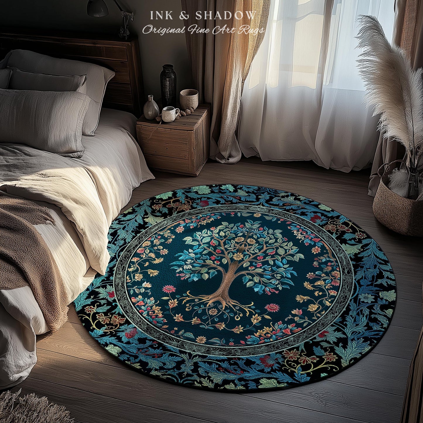Moody Gothic Blues Tree of Life Rug | Mystical Garden Theme Vintage Floral Decor Romantic Folk Art Forestcore Maximalist Style Bedroom |