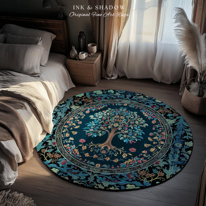 Moody Gothic Blues Tree of Life Rug | Mystical Garden Theme Vintage Floral Decor Romantic Folk Art Forestcore Maximalist Style Bedroom |