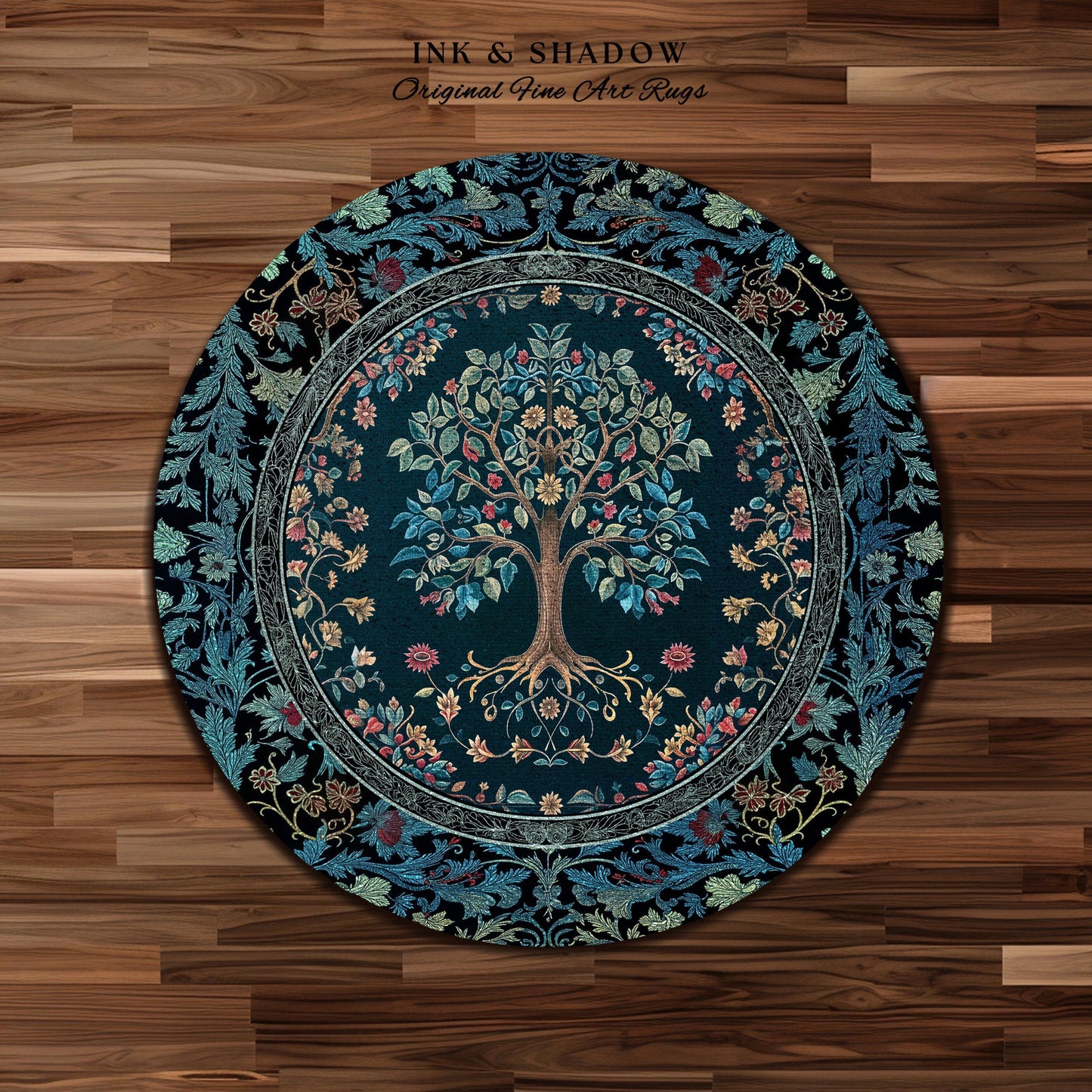 Moody Gothic Blues Tree of Life Rug | Mystical Garden Theme Vintage Floral Decor Romantic Folk Art Forestcore Maximalist Style Bedroom |