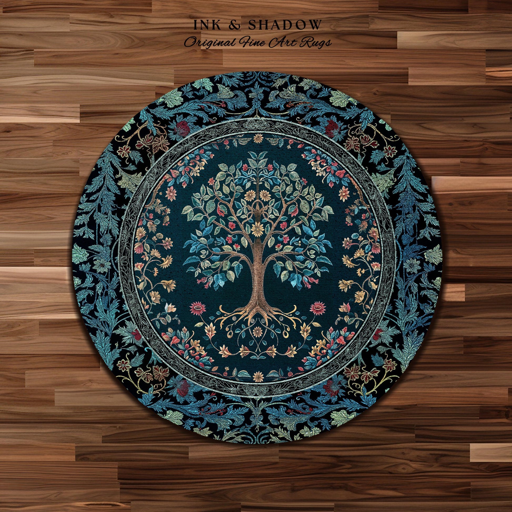 Moody Gothic Blues Tree of Life Rug | Mystical Garden Theme Vintage Floral Decor Romantic Folk Art Forestcore Maximalist Style Bedroom |