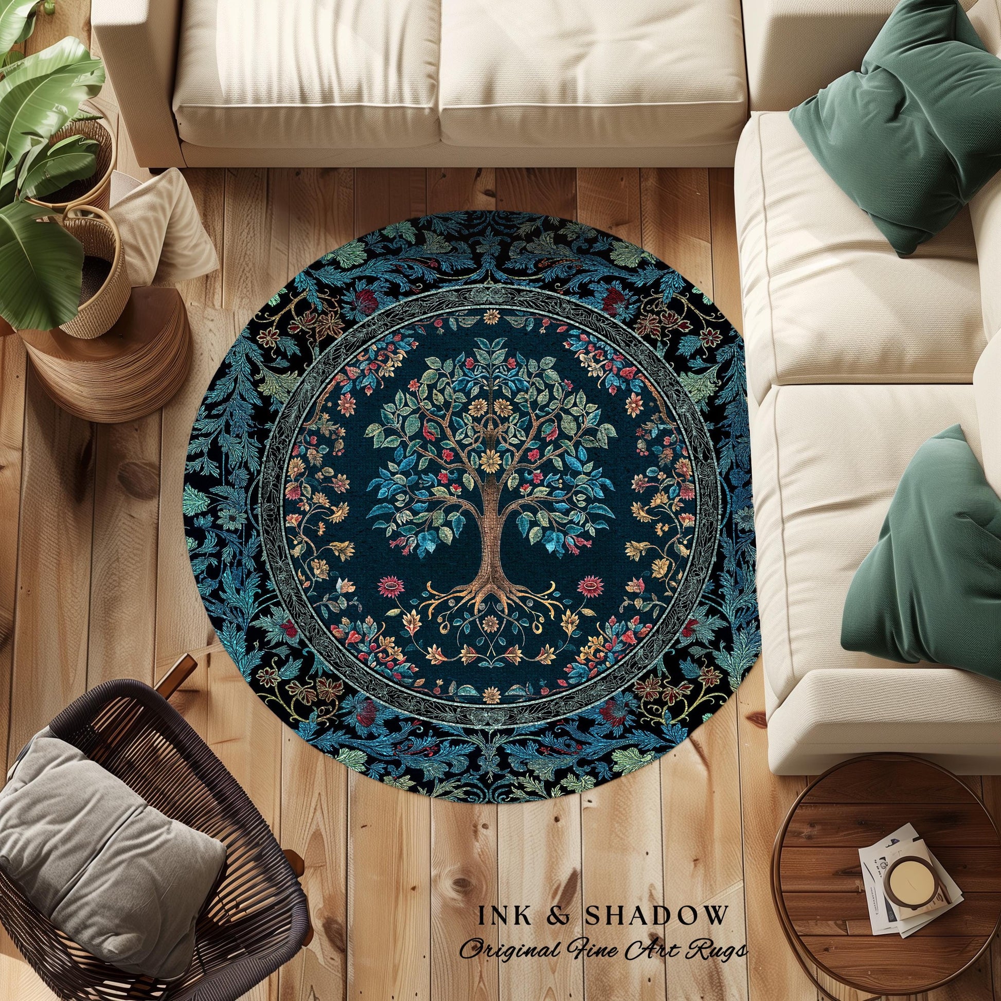 Moody Gothic Blues Tree of Life Rug | Mystical Garden Theme Vintage Floral Decor Romantic Folk Art Forestcore Maximalist Style Bedroom |