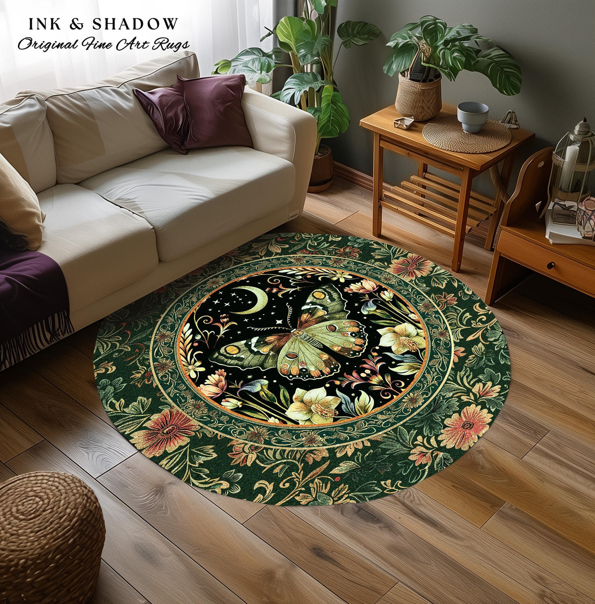 Boho Botanical Moth Rug Floral Grunge Fairycore Room Decor, Woodland Gothic Moon Butterfly Forest Green Forestcore Celestial Cottagecore Rug