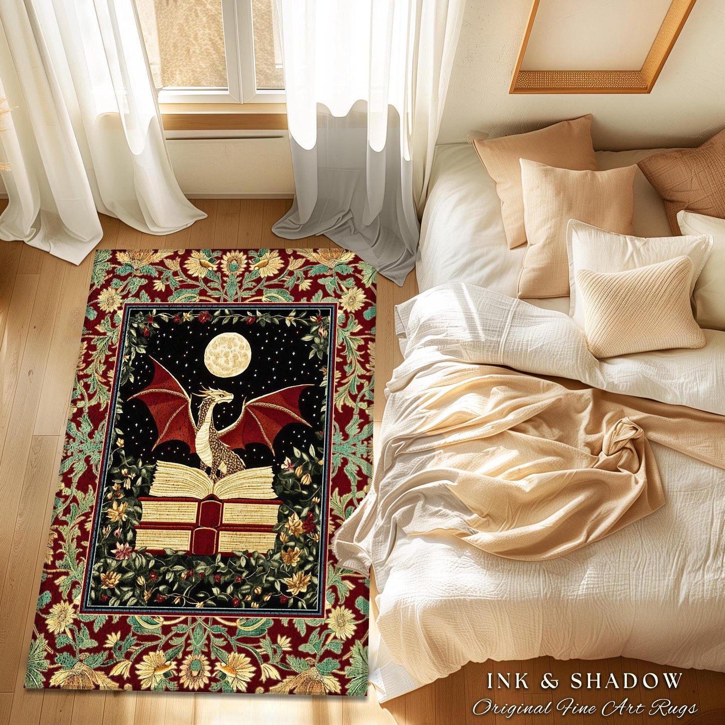 Baroque Maximalist Dragon Lover Rug | Dark Academia Reading Corner Area Rug Ethereal Bedroom Whimsigothic Enchanting Home Accent Boho Gothic