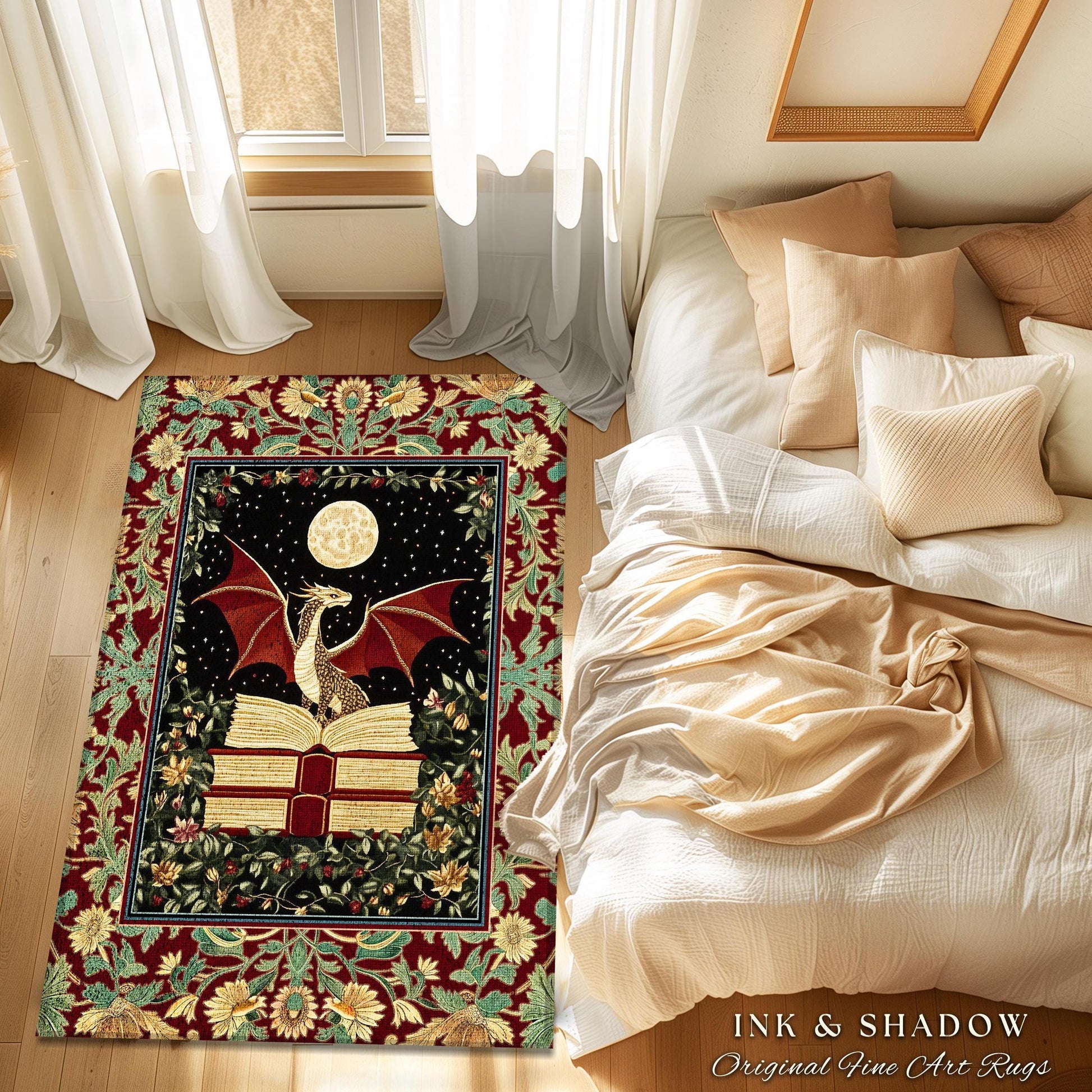 Baroque Maximalist Dragon Lover Rug | Dark Academia Reading Corner Area Rug Ethereal Bedroom Whimsigothic Enchanting Home Accent Boho Gothic