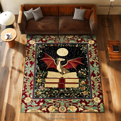 Baroque Maximalist Dragon Lover Rug | Dark Academia Reading Corner Area Rug Ethereal Bedroom Whimsigothic Enchanting Home Accent Boho Gothic