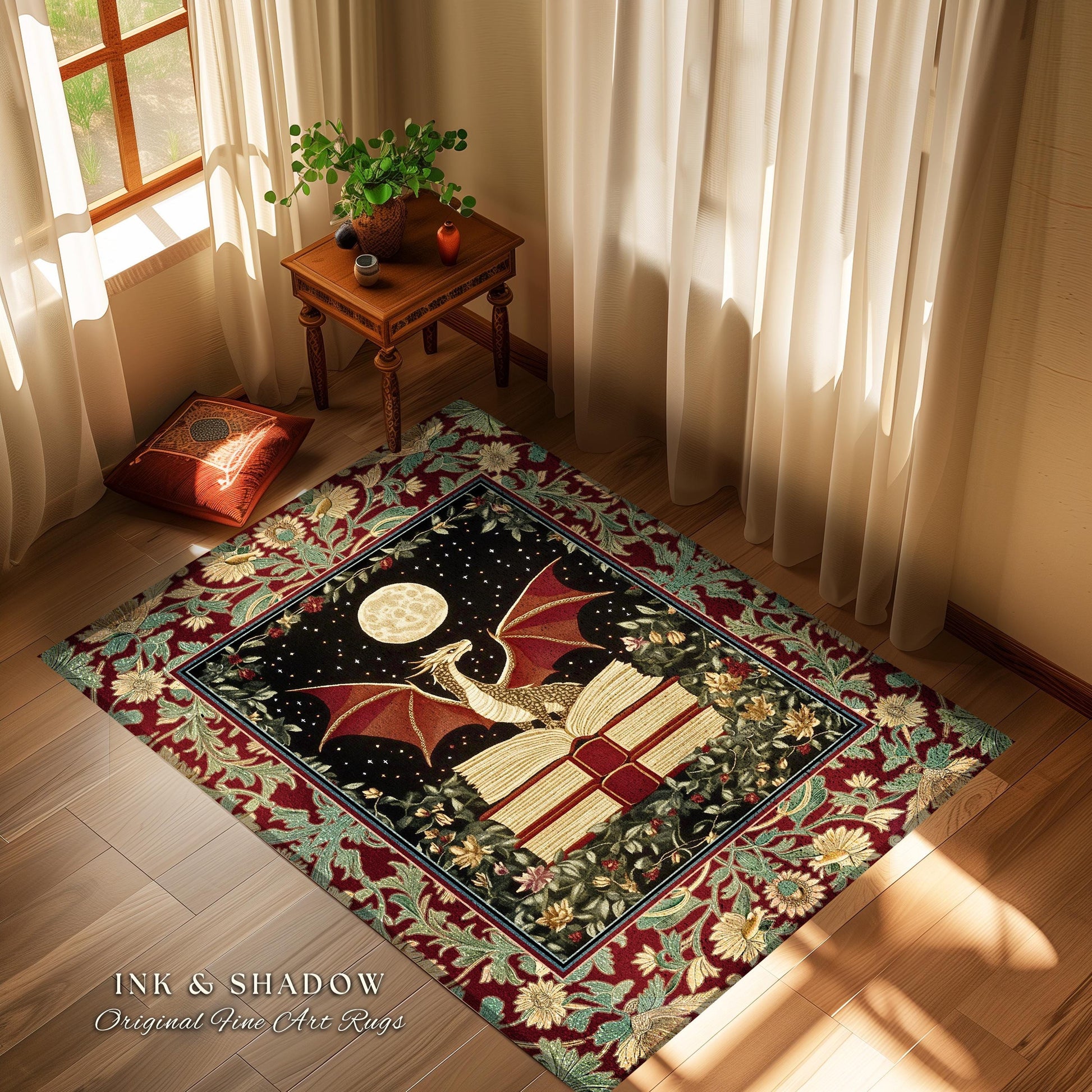 Baroque Maximalist Dragon Lover Rug | Dark Academia Reading Corner Area Rug Ethereal Bedroom Whimsigothic Enchanting Home Accent Boho Gothic