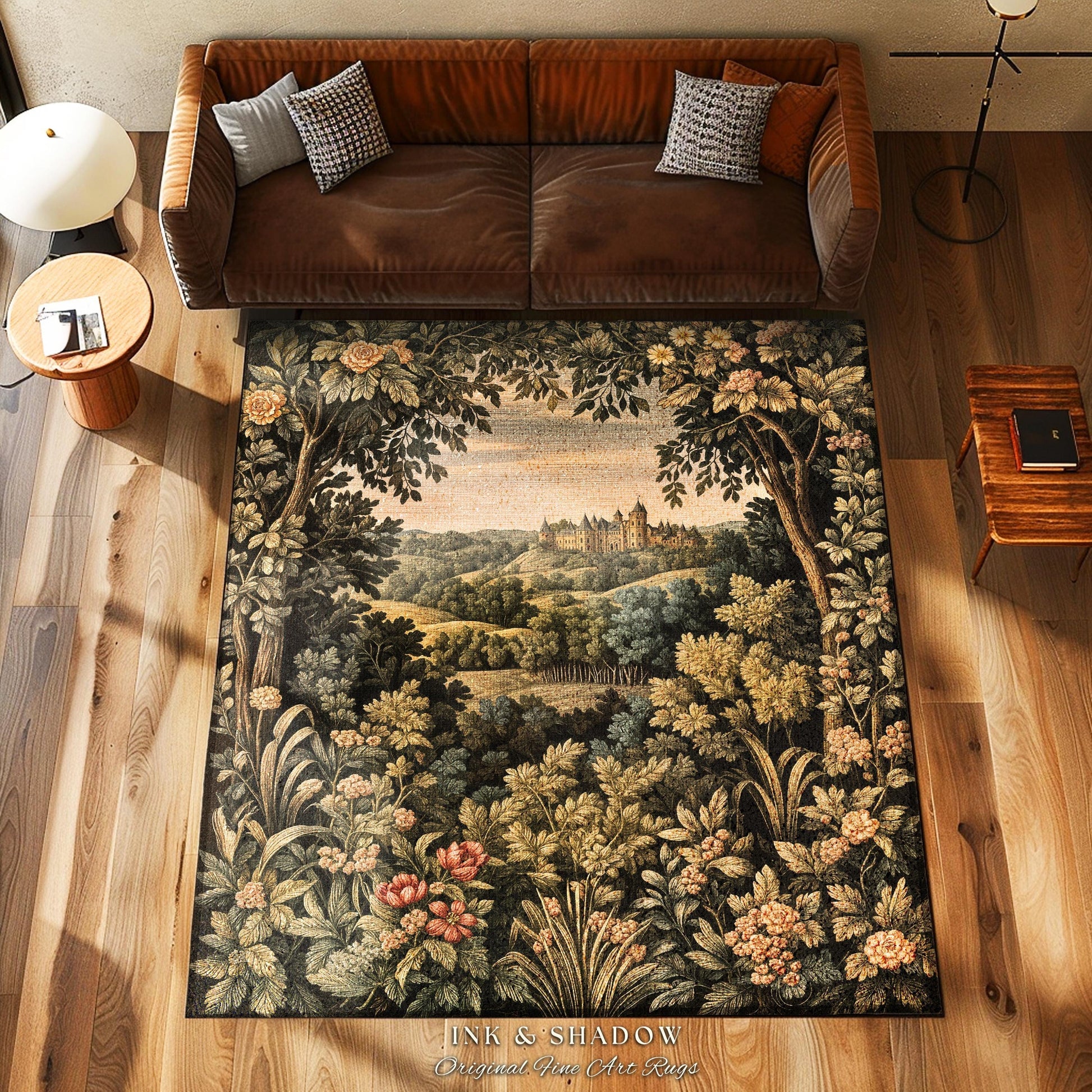 Medieval Meadow Area Rug | Rustic Fairytale Castle Landscape Woodland Fairy Folklore Princesscore Aesthetic Mystic Victorian Floral Accent