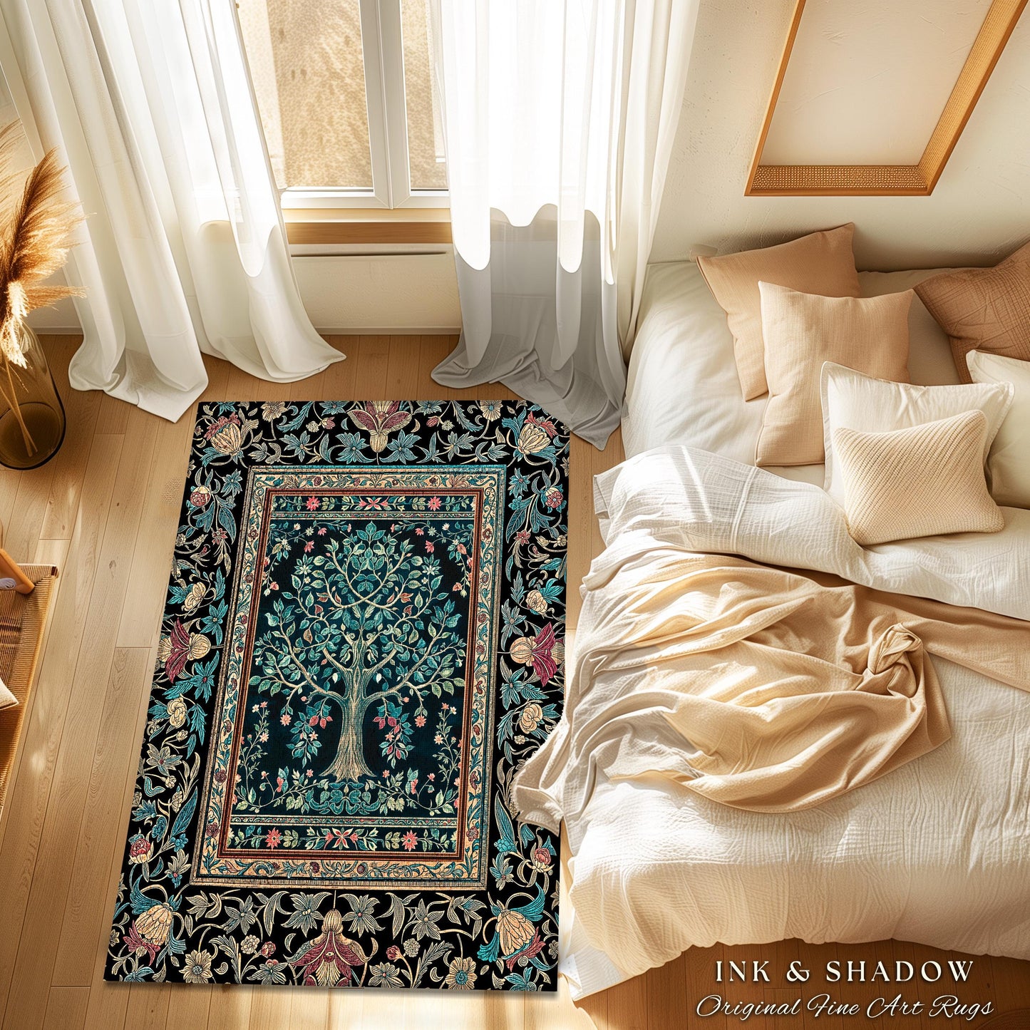 Mystic Ornamental Morris Inspired Tree Rug | Cool Tones Botanical Design Fairytale Floral Art Romantic Aesthetic Rococo Cottagecore Accent