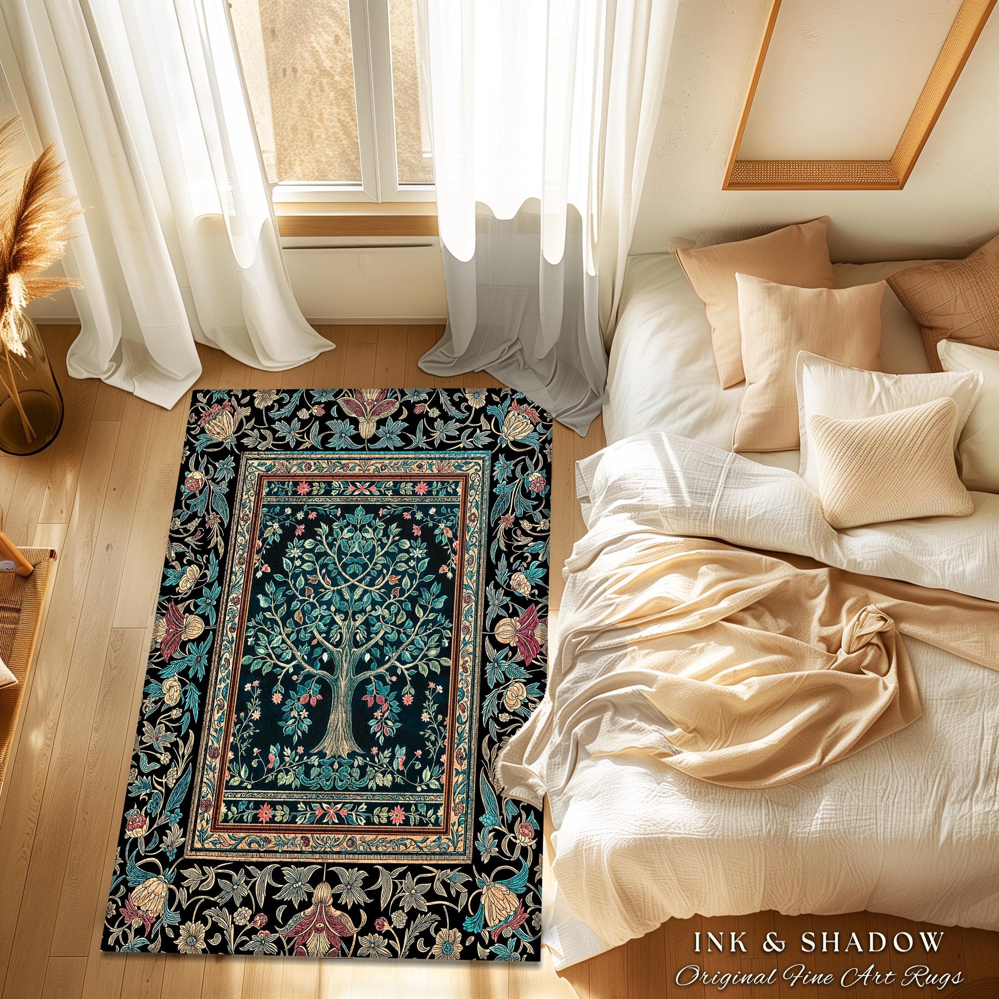 Mystic Ornamental Morris Inspired Tree Rug | Cool Tones Botanical Design Fairytale Floral Art Romantic Aesthetic Rococo Cottagecore Accent