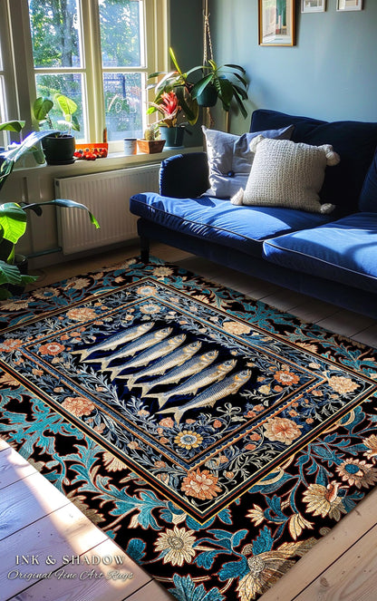 Fairycore Coastal Fish Art Sardine Sea Rug Nordic Nautical Beach Decor | Boho Marine Floral Cottagecore Ocean Underwater Area Rug Baroque |