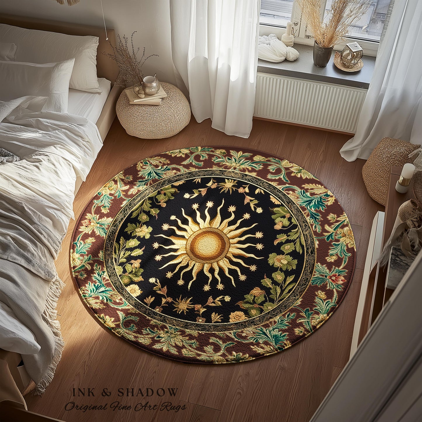 Ethereal Energy Celestial Bedroom Rug | Mystic Boho Maximalist Astrology Inspired Witchy Sun and Moon Gothic Tarot Aesthetic Enchanted Decor