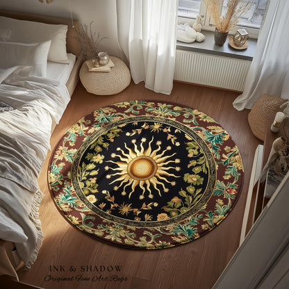 Ethereal Energy Celestial Bedroom Rug | Mystic Boho Maximalist Astrology Inspired Witchy Sun and Moon Gothic Tarot Aesthetic Enchanted Decor