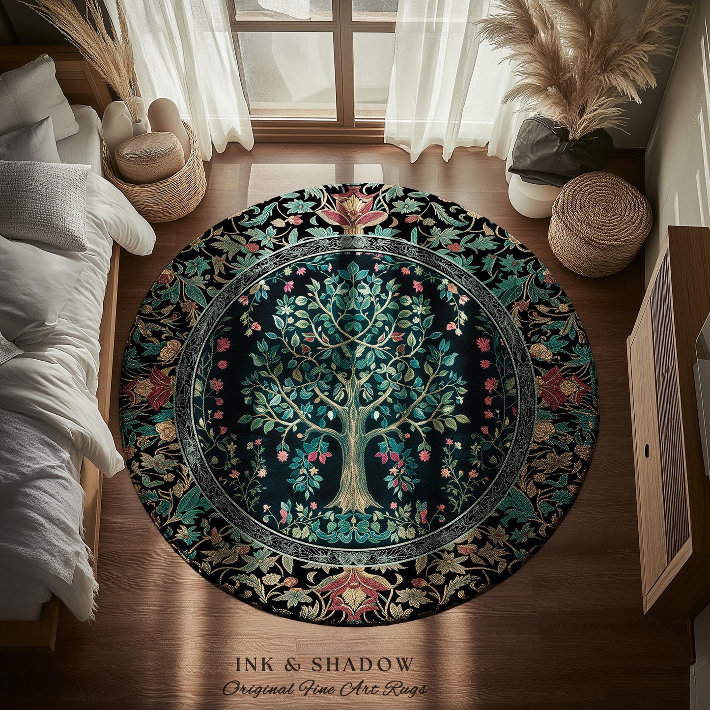 Mystic Ornamental Morris Inspired Tree Rug | Cool Tones Botanical Design Fairytale Floral Art Romantic Aesthetic Rococo Cottagecore Accent
