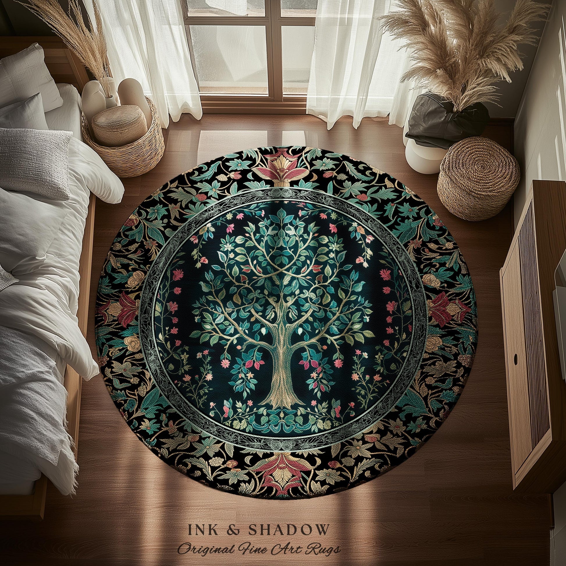 Mystic Ornamental Morris Inspired Tree Rug | Cool Tones Botanical Design Fairytale Floral Art Romantic Aesthetic Rococo Cottagecore Accent