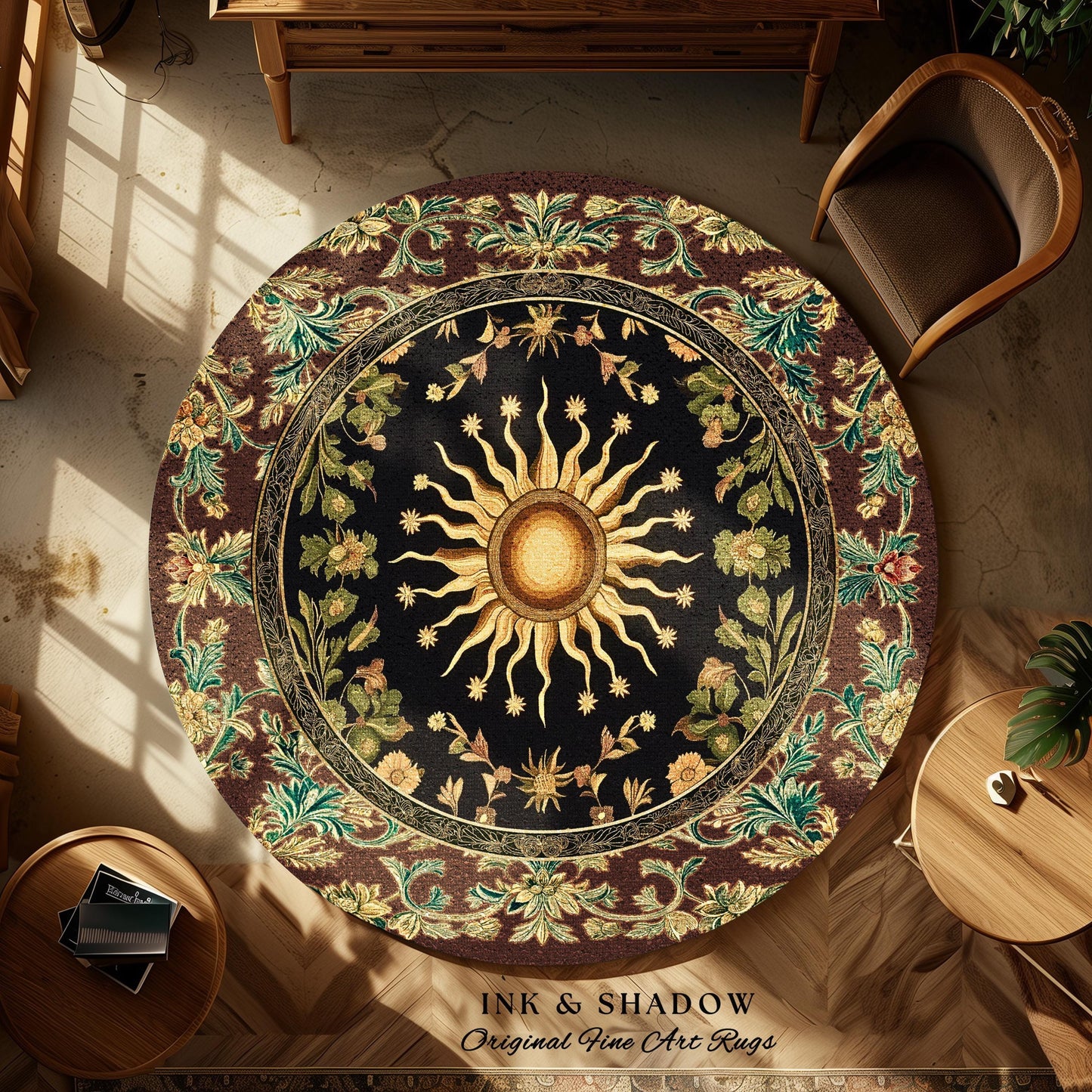 Ethereal Energy Celestial Bedroom Rug | Mystic Boho Maximalist Astrology Inspired Witchy Sun and Moon Gothic Tarot Aesthetic Enchanted Decor