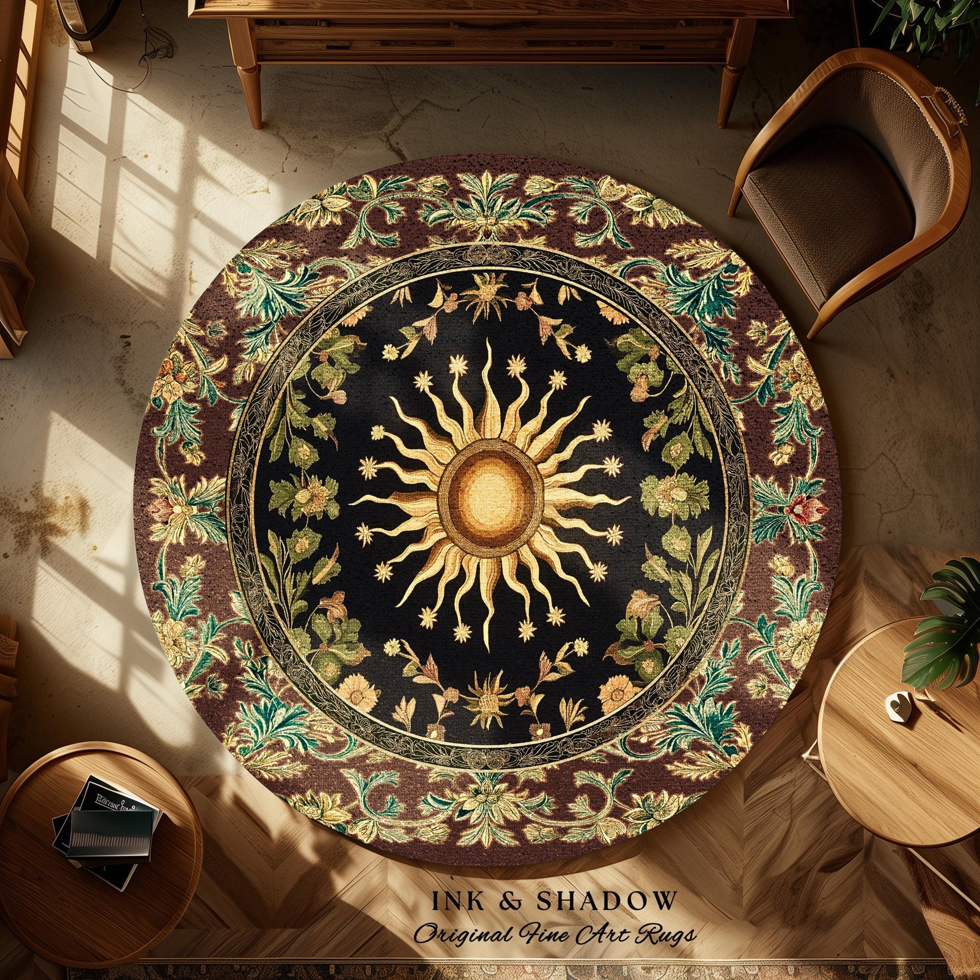 Ethereal Energy Celestial Bedroom Rug | Mystic Boho Maximalist Astrology Inspired Witchy Sun and Moon Gothic Tarot Aesthetic Enchanted Decor