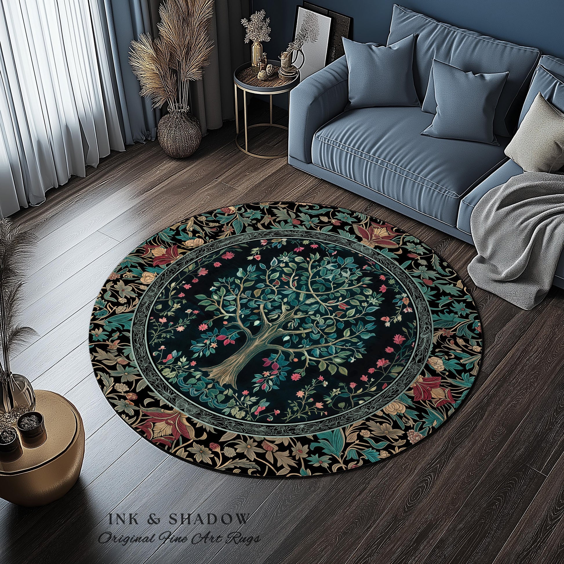 Mystic Ornamental Morris Inspired Tree Rug | Cool Tones Botanical Design Fairytale Floral Art Romantic Aesthetic Rococo Cottagecore Accent