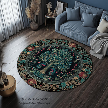 Mystic Ornamental Morris Inspired Tree Rug | Cool Tones Botanical Design Fairytale Floral Art Romantic Aesthetic Rococo Cottagecore Accent