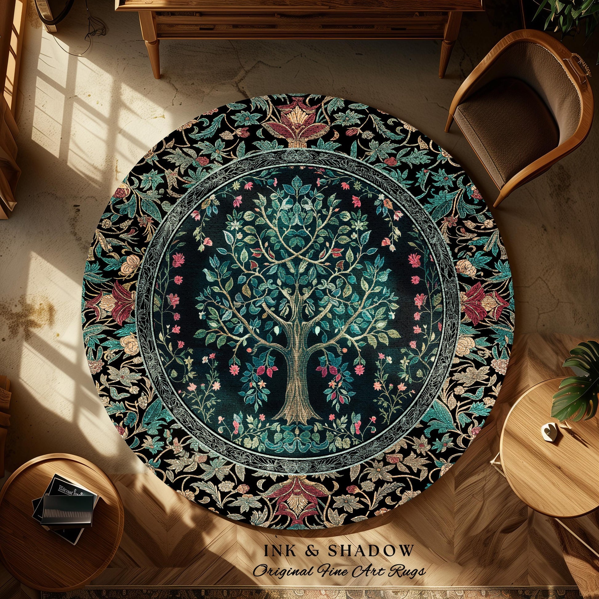 Mystic Ornamental Morris Inspired Tree Rug | Cool Tones Botanical Design Fairytale Floral Art Romantic Aesthetic Rococo Cottagecore Accent