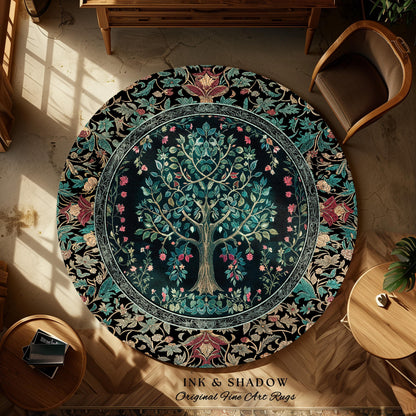 Mystic Ornamental Morris Inspired Tree Rug | Cool Tones Botanical Design Fairytale Floral Art Romantic Aesthetic Rococo Cottagecore Accent