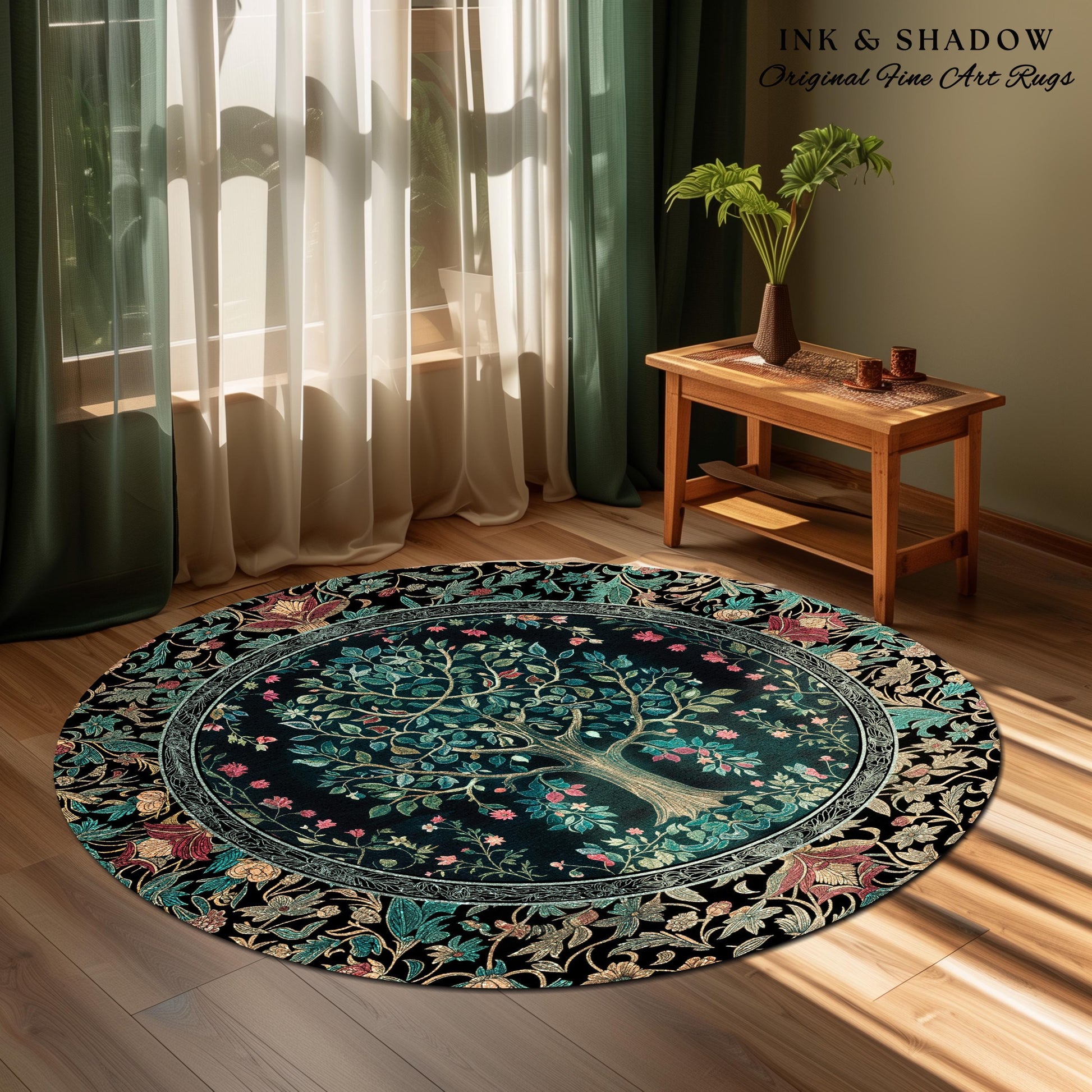Mystic Ornamental Morris Inspired Tree Rug | Cool Tones Botanical Design Fairytale Floral Art Romantic Aesthetic Rococo Cottagecore Accent