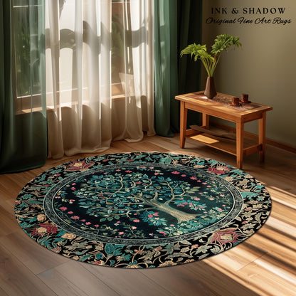 Mystic Ornamental Morris Inspired Tree Rug | Cool Tones Botanical Design Fairytale Floral Art Romantic Aesthetic Rococo Cottagecore Accent