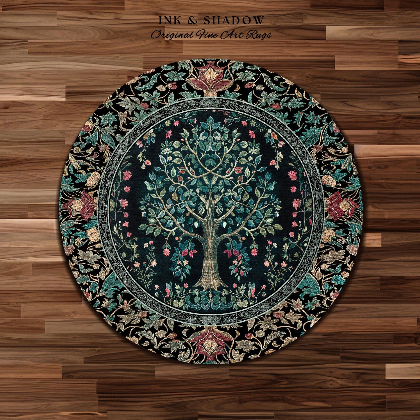 Mystic Ornamental Morris Inspired Tree Rug | Cool Tones Botanical Design Fairytale Floral Art Romantic Aesthetic Rococo Cottagecore Accent