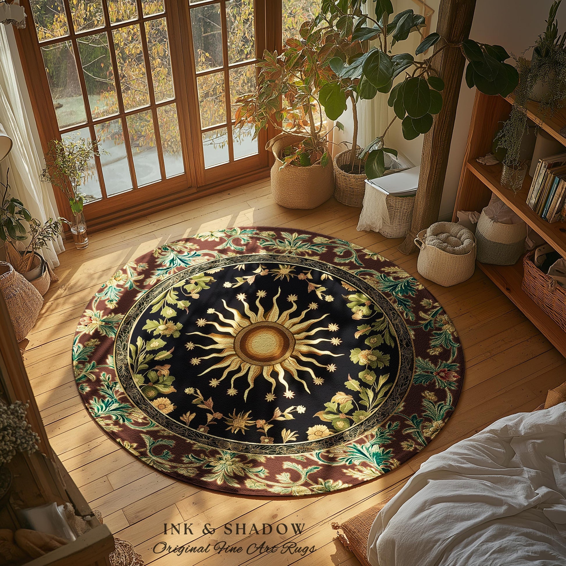 Ethereal Energy Celestial Bedroom Rug | Mystic Boho Maximalist Astrology Inspired Witchy Sun and Moon Gothic Tarot Aesthetic Enchanted Decor