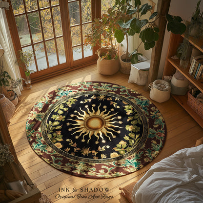 Ethereal Energy Celestial Bedroom Rug | Mystic Boho Maximalist Astrology Inspired Witchy Sun and Moon Gothic Tarot Aesthetic Enchanted Decor