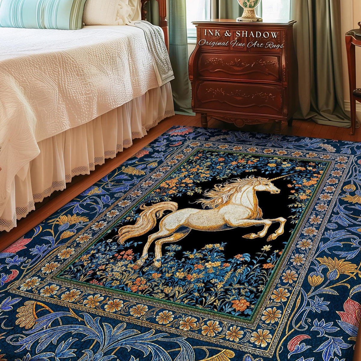 Twilight Floral Ornate Unicorn Rug | Baroque Fairytale Midnight Castlecore Decor Regal Romantic Gothic Mystical Rococo Whimsical Art Accent