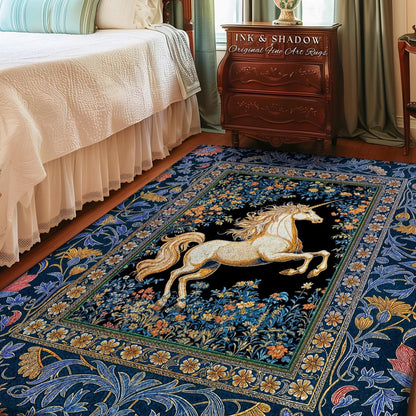 Twilight Floral Ornate Unicorn Rug | Baroque Fairytale Midnight Castlecore Decor Regal Romantic Gothic Mystical Rococo Whimsical Art Accent