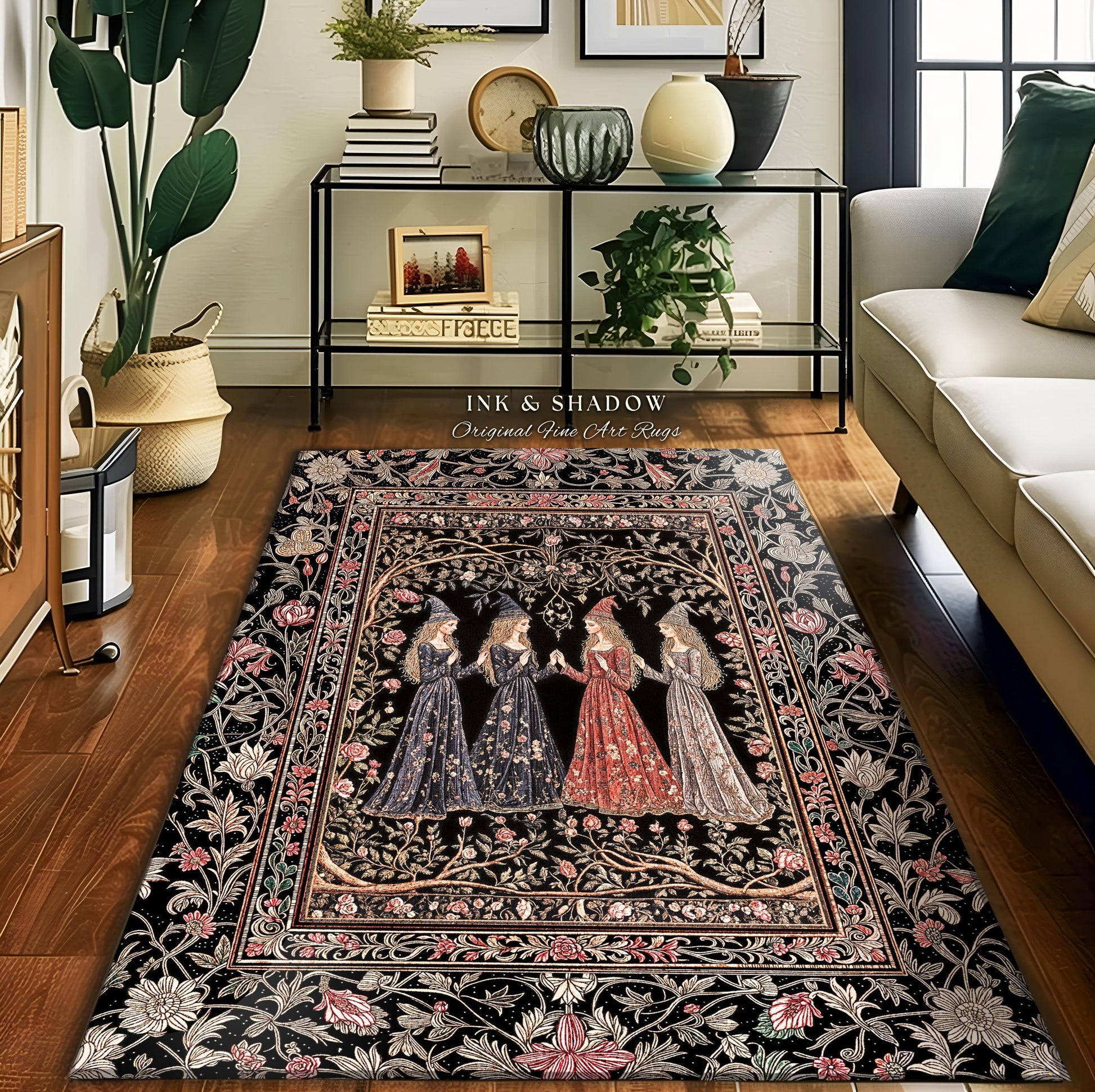 Enchanted Maidens Rustic Area Rug | Mystical Folklore Floral Gothic Art Nouveau Bedroom Rug Ethereal Coven Magic Dark Boho Aesthetic Decor