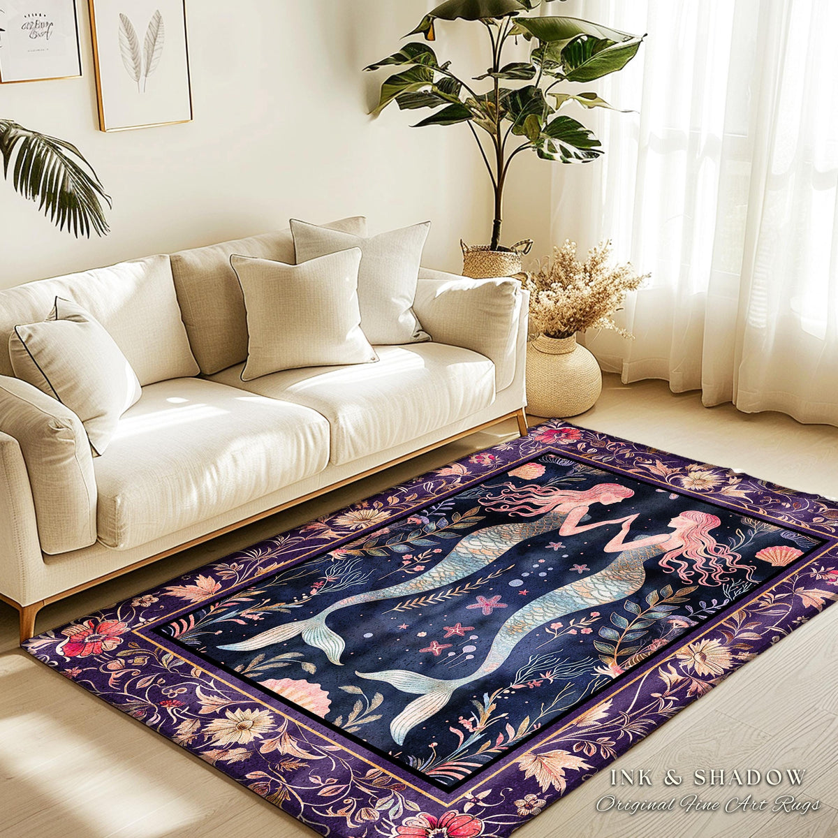 Retro Art Deco Mermaid Art Runner Rug Whimsical Coastal Cottagecore Vintage Floral Purple Decor, Enchanted Underwater Fantasy Sea Scene Rug