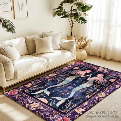 Retro Art Deco Mermaid Art Runner Rug Whimsical Coastal Cottagecore Vintage Floral Purple Decor, Enchanted Underwater Fantasy Sea Scene Rug
