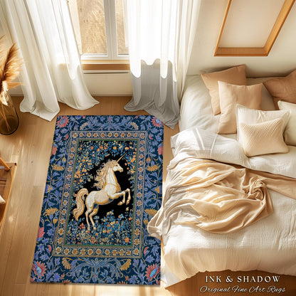 Twilight Floral Ornate Unicorn Rug | Blue Orange Baroque Fairytale Decor Regal Style Romantic Gothic Bedroom Accent Mystical Castlecore Rug