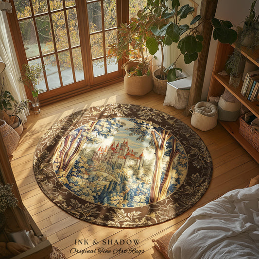 Book Nook Fairytale Castle Round Area Rug | Woodland Fairycore Bohemian Rug Folklore Aesthetic Magical Landscape Forestcore Dark Academia |