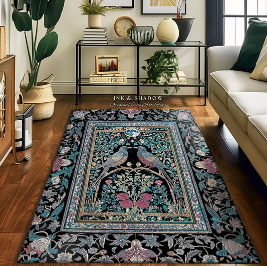May include: A rectangular area rug with a black background and a detailed floral and bird design. The rug features a central panel with two birds perched on branches, surrounded by pink flowers and green foliage. The border has a repeating floral pattern with teal and gold accents. The rug is labeled 'INK & SHADOW Original Fine Art Rugs'.