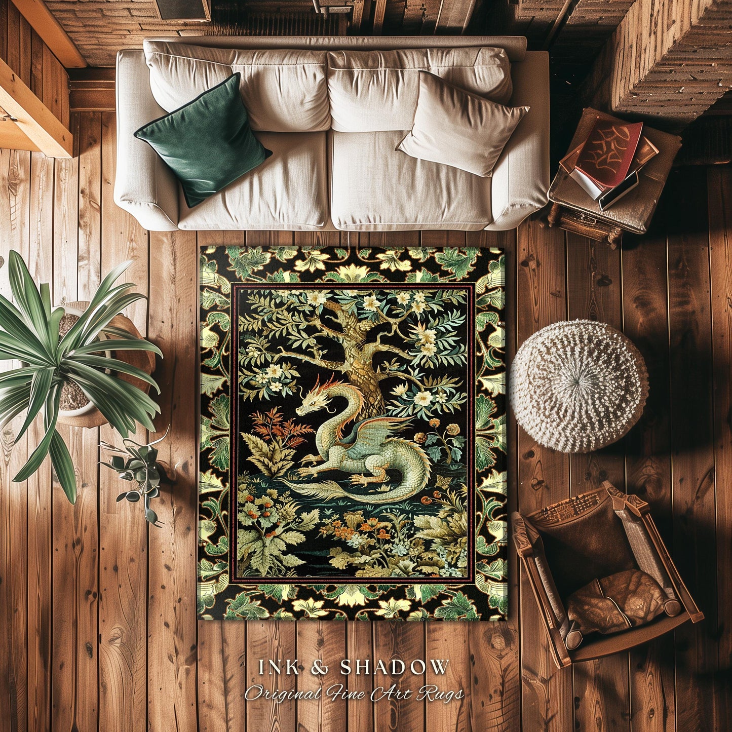 Mystical Fantasy Dragon Round Area Rug Enchanting Dark Nature | Ancient Aesthetic Chinese Dragon Art Ethereal Dragon Decoration Forestcore