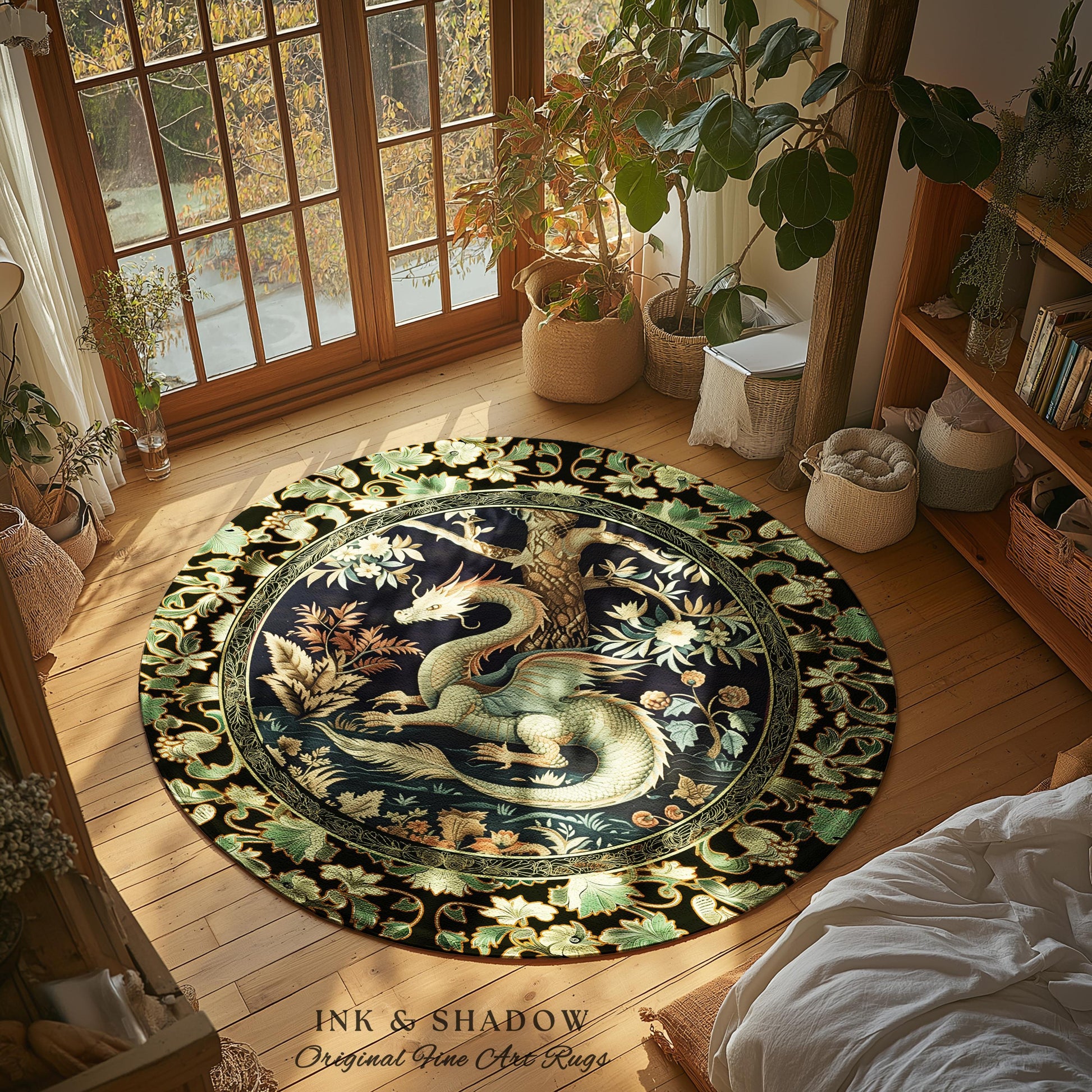 Mystical Fantasy Dragon Round Area Rug Enchanting Dark Nature | Ancient Aesthetic Chinese Dragon Art Ethereal Dragon Decoration Forestcore